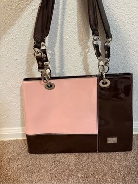 Beijo Pink and Brown Patent Two-Tone Shoulder Bag
